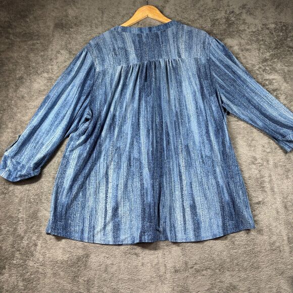 Cocomo Women Slinky Knit Top Stonewash Denim Look Roll Tab Sleeve Blue 3X L115 - Picture 3 of 7